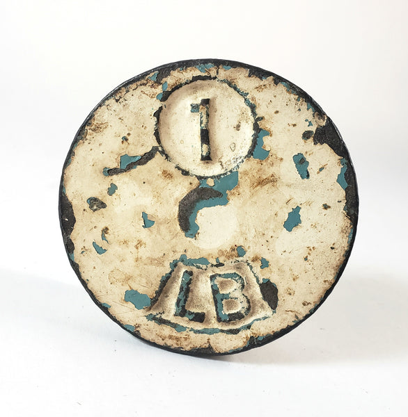 Antique Cast Iron 1 LB Mercantile Scale Weight Old Timeworn White & Blue Paint