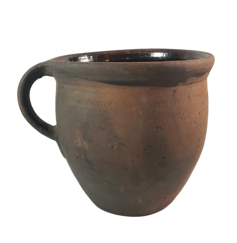 Primitive Redware Crock Single Applied Handle Glazed Interior Pennsylvania