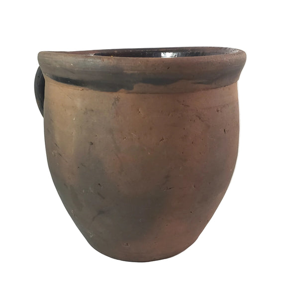 Primitive Redware Crock Single Applied Handle Glazed Interior Pennsylvania