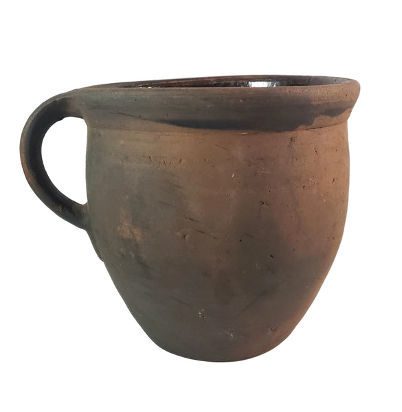 Primitive Redware Crock Single Applied Handle Glazed Interior Pennsylvania
