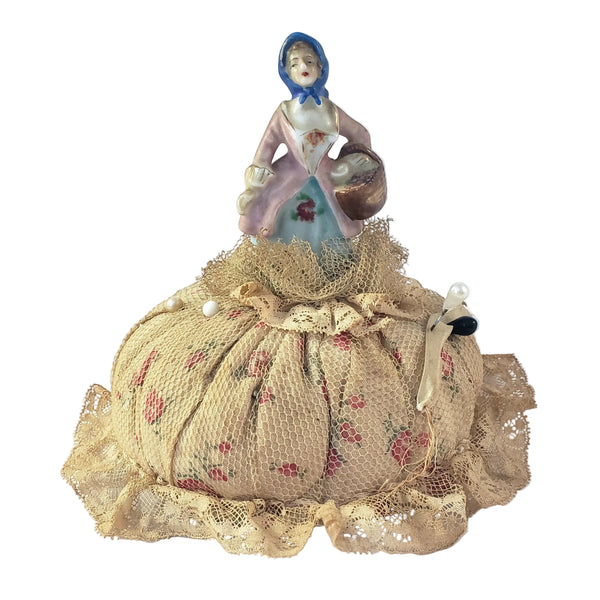 Victorian Half Porcelain Figural Doll Pin Cushion German Woman with Gathering Basket