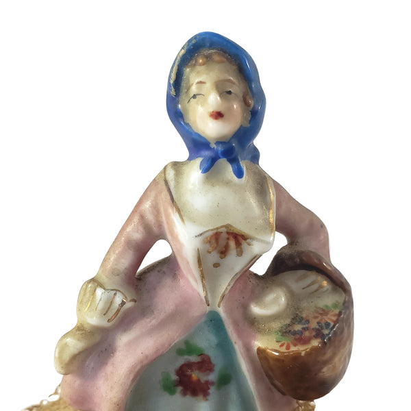 Victorian Half Porcelain Figural Doll Pin Cushion German Woman with Gathering Basket