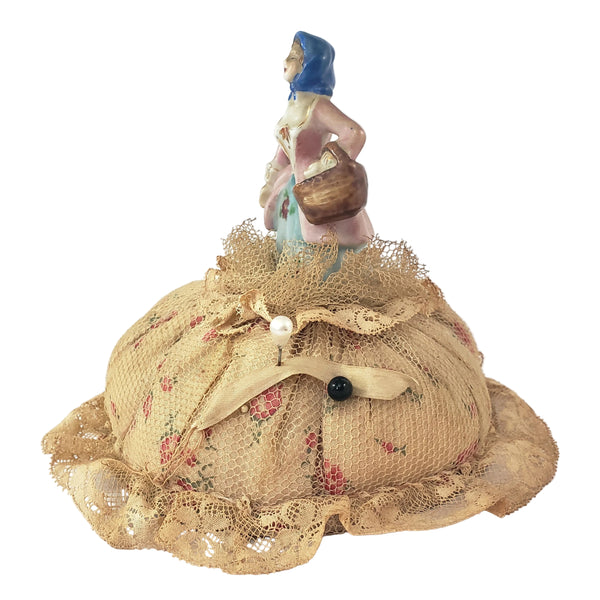 Victorian Half Porcelain Figural Doll Pin Cushion German Woman with Gathering Basket