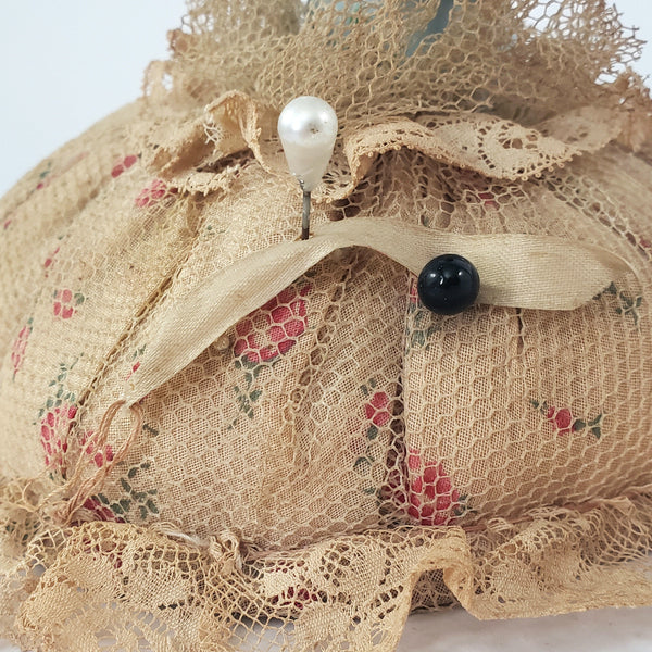 Victorian Half Porcelain Figural Doll Pin Cushion German Woman with Gathering Basket