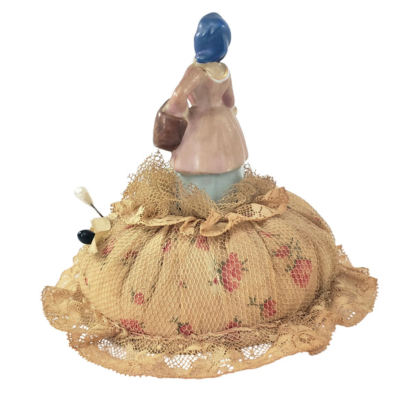 Victorian Half Porcelain Figural Doll Pin Cushion German Woman with Gathering Basket