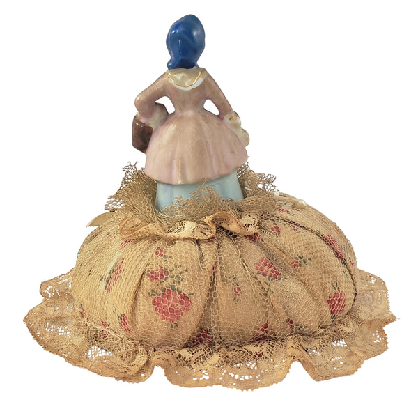 Victorian Half Porcelain Figural Doll Pin Cushion German Woman with Gathering Basket