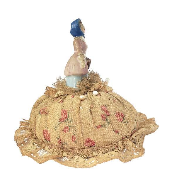 Victorian Half Porcelain Figural Doll Pin Cushion German Woman with Gathering Basket