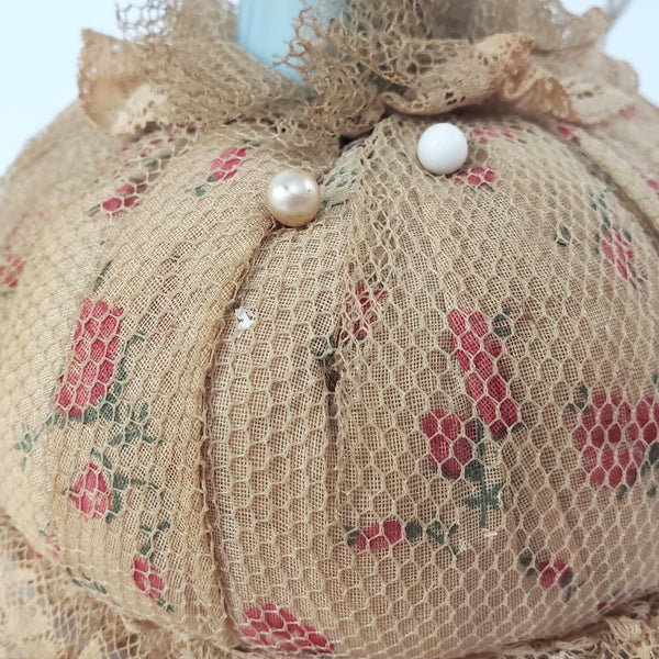 Victorian Half Porcelain Figural Doll Pin Cushion German Woman with Gathering Basket