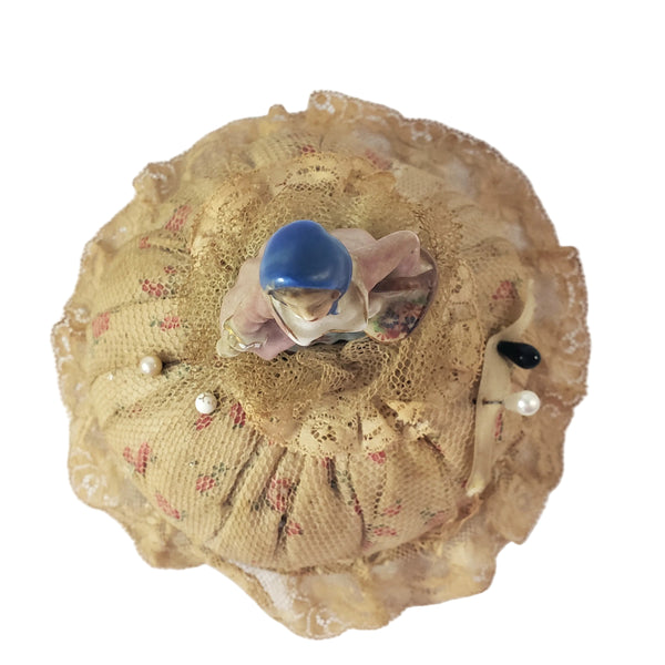 Victorian Half Porcelain Figural Doll Pin Cushion German Woman with Gathering Basket