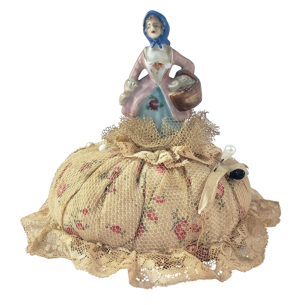 Victorian Half Porcelain Figural Doll Pin Cushion German Woman with Gathering Basket