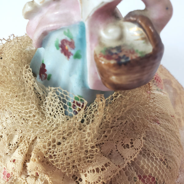 Victorian Half Porcelain Figural Doll Pin Cushion German Woman with Gathering Basket