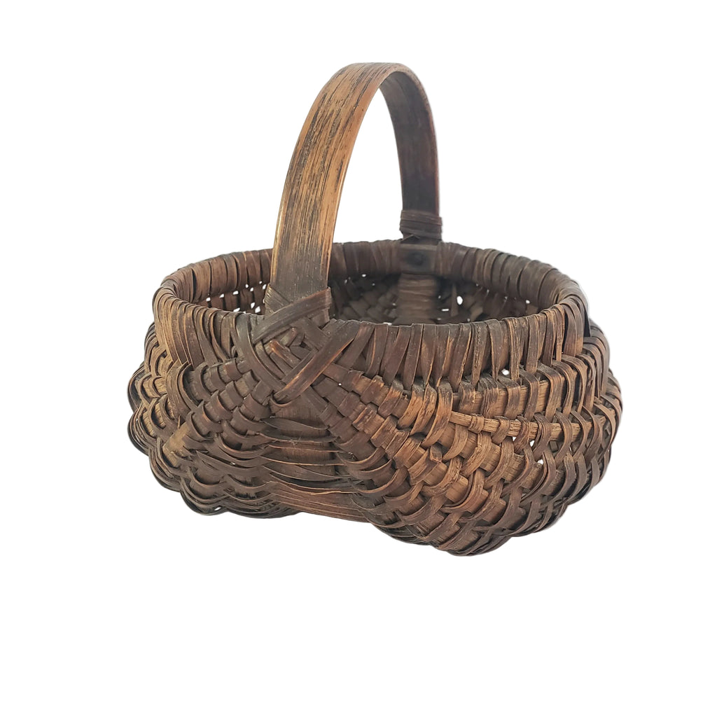 Antique Miniature Hand Woven Splint Oak Buttock Basket Single Bentwood Handle