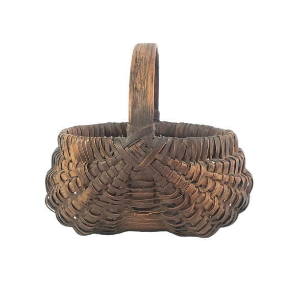 Antique Miniature Hand Woven Splint Oak Buttock Basket Single Bentwood Handle