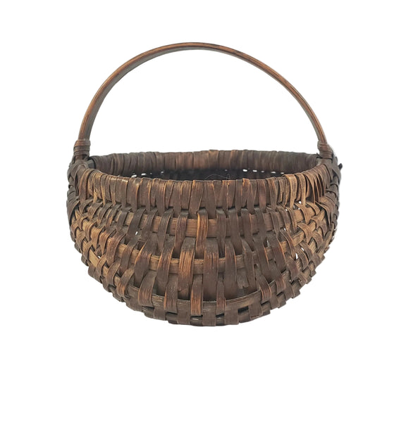Antique Miniature Hand Woven Splint Oak Buttock Basket Single Bentwood Handle