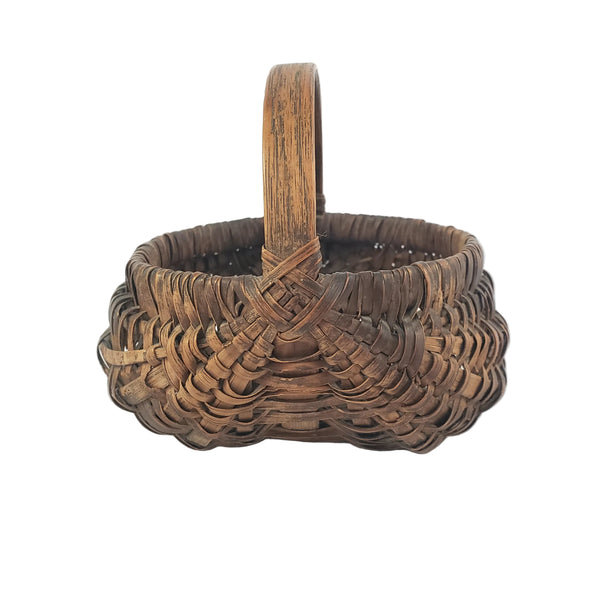 Antique Miniature Hand Woven Splint Oak Buttock Basket Single Bentwood Handle
