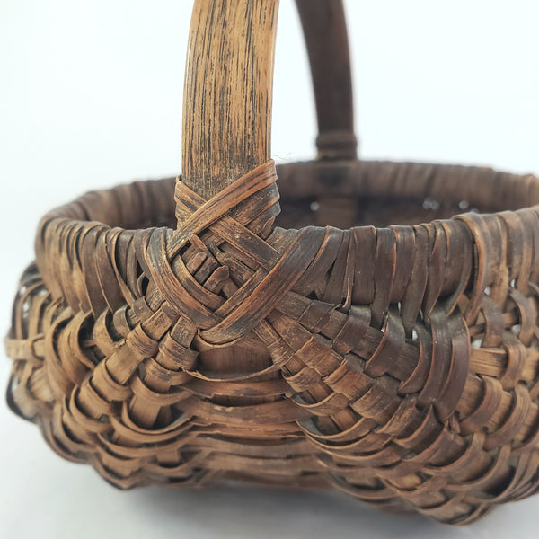 Antique Miniature Hand Woven Splint Oak Buttock Basket Single Bentwood Handle
