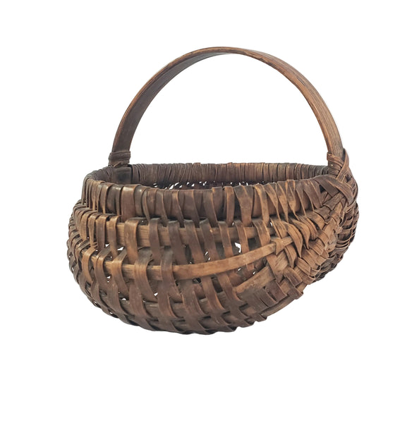 Antique Miniature Hand Woven Splint Oak Buttock Basket Single Bentwood Handle