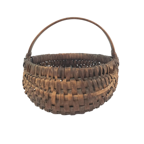 Antique Miniature Hand Woven Splint Oak Buttock Basket Single Bentwood Handle