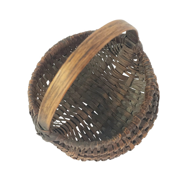 Antique Miniature Hand Woven Splint Oak Buttock Basket Single Bentwood Handle