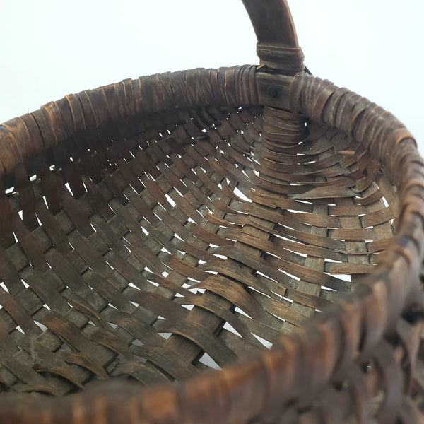 Antique Miniature Hand Woven Splint Oak Buttock Basket Single Bentwood Handle