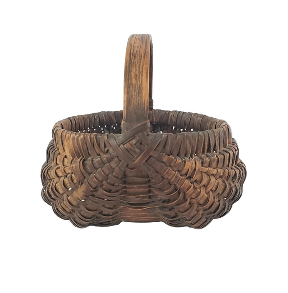 Antique Miniature Hand Woven Splint Oak Buttock Basket Single Bentwood Handle