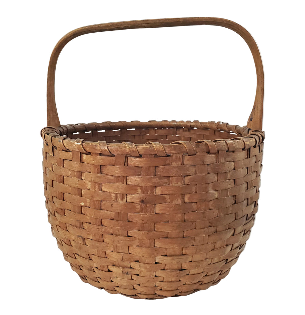 Antique Handwoven Splint Oak Harvest Basket Single Carved Stationary Handle