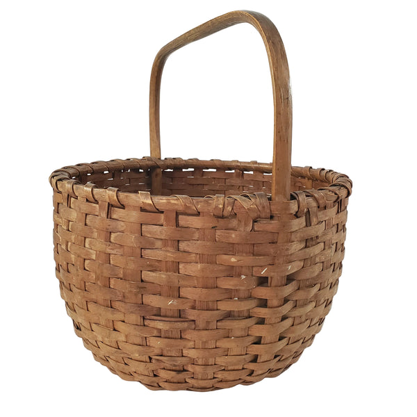 Antique Handwoven Splint Oak Harvest Basket Single Carved Stationary Handle