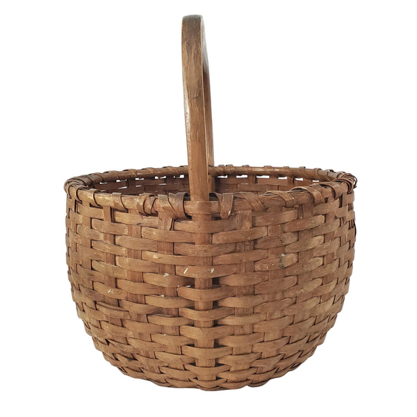 Antique Handwoven Splint Oak Harvest Basket Single Carved Stationary Handle
