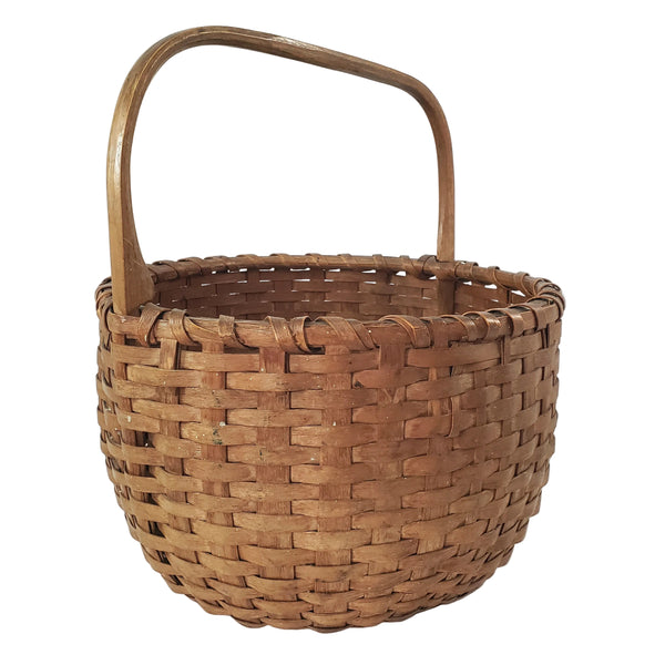 Antique Handwoven Splint Oak Harvest Basket Single Carved Stationary Handle