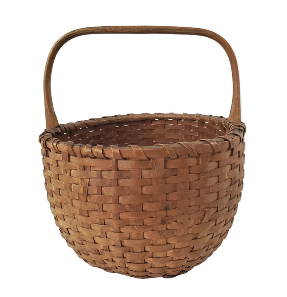 Antique Handwoven Splint Oak Harvest Basket Single Carved Stationary Handle