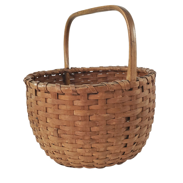 Antique Handwoven Splint Oak Harvest Basket Single Carved Stationary Handle