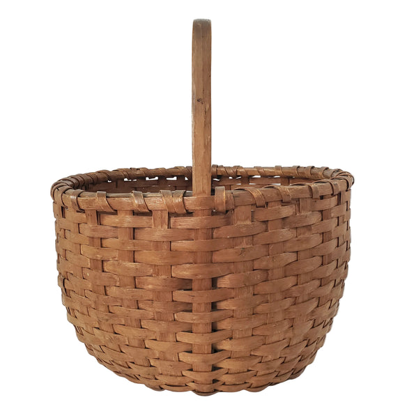 Antique Handwoven Splint Oak Harvest Basket Single Carved Stationary Handle