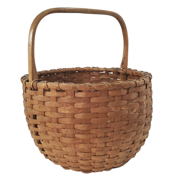 Antique Handwoven Splint Oak Harvest Basket Single Carved Stationary Handle