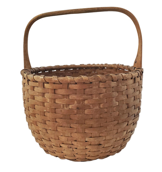 Antique Handwoven Splint Oak Harvest Basket Single Carved Stationary Handle