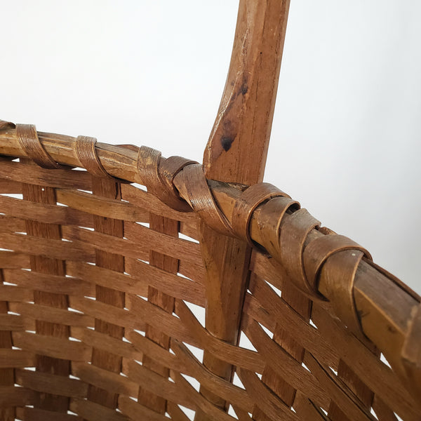 Antique Handwoven Splint Oak Harvest Basket Single Carved Stationary Handle