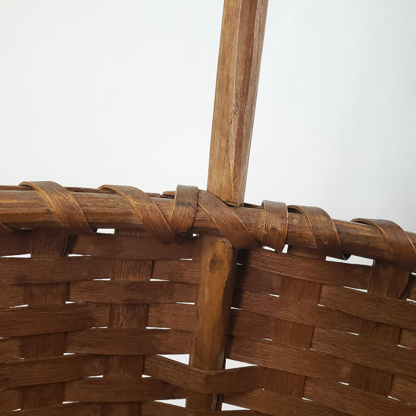 Antique Handwoven Splint Oak Harvest Basket Single Carved Stationary Handle