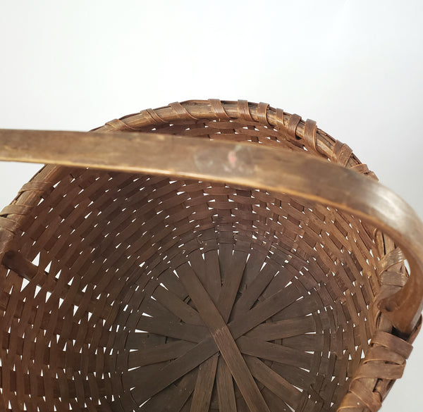 Antique Handwoven Splint Oak Harvest Basket Single Carved Stationary Handle