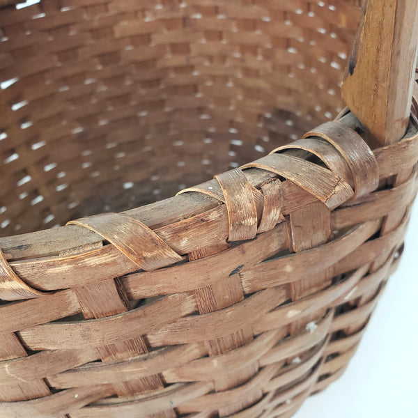 Antique Handwoven Splint Oak Harvest Basket Single Carved Stationary Handle