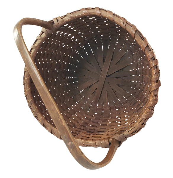 Antique Handwoven Splint Oak Harvest Basket Single Carved Stationary Handle