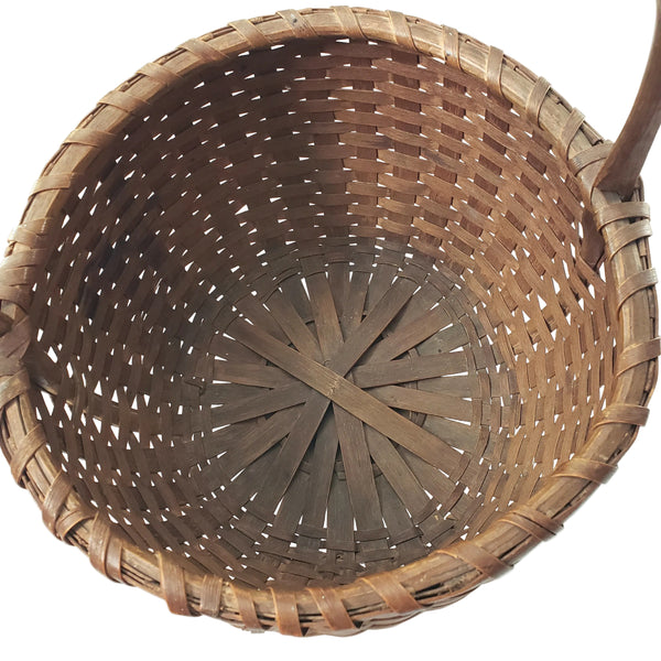 Antique Handwoven Splint Oak Harvest Basket Single Carved Stationary Handle