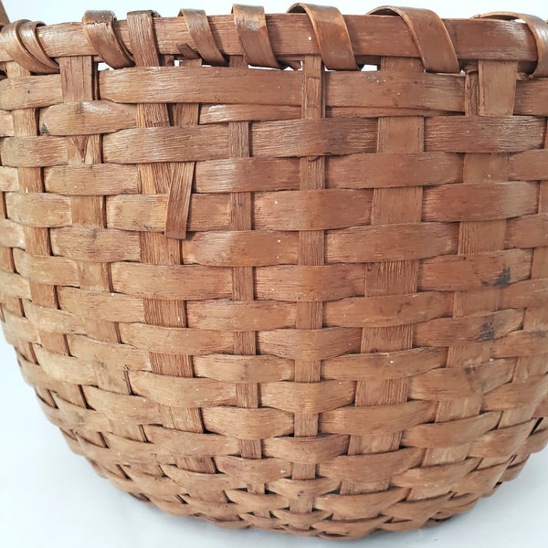 Antique Handwoven Splint Oak Harvest Basket Single Carved Stationary Handle
