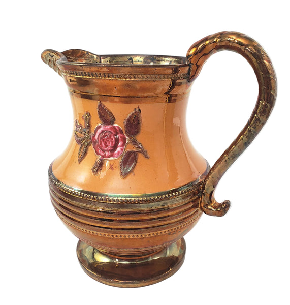 Antique Copper Luster Pitcher Jug Apricot-Orange Band Pink Raised Rose 6 1/2"