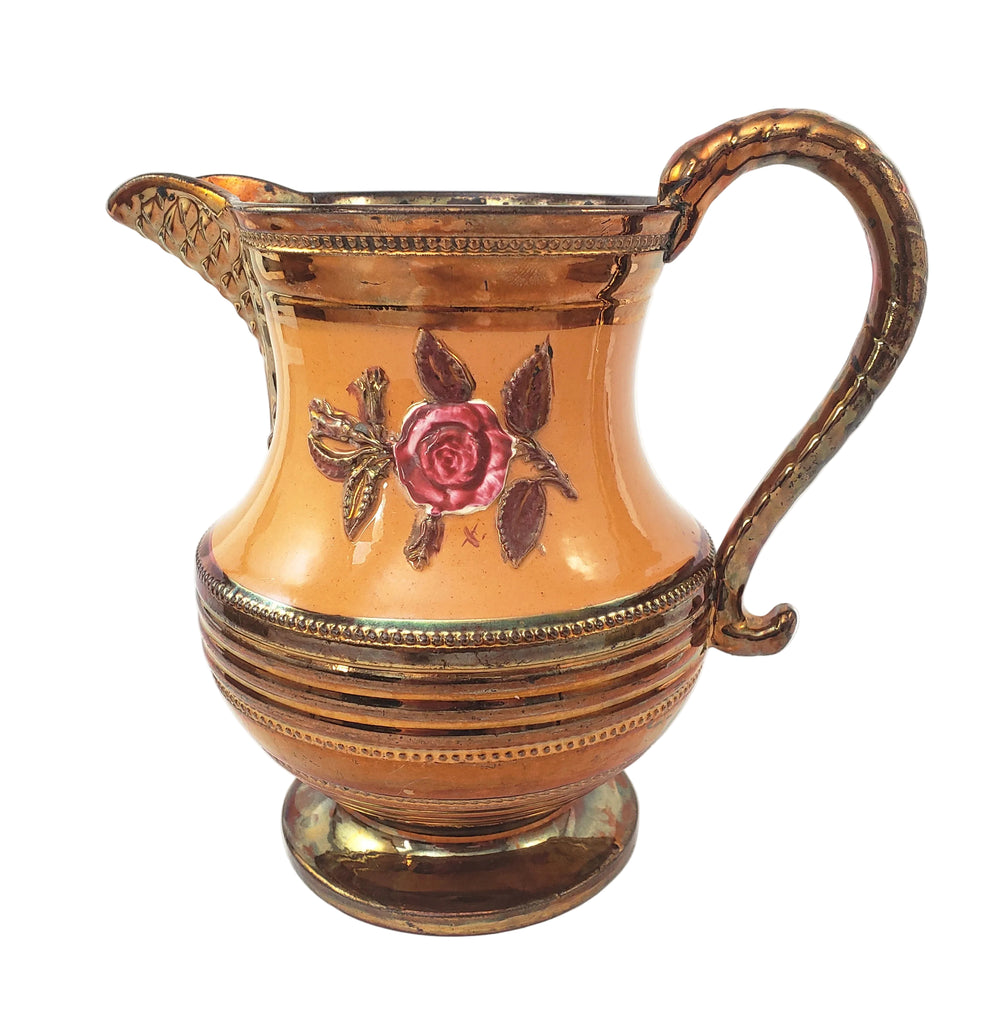 Antique Copper Lustre Pitcher Jug Apricot-Orange Band Pink Raised Rose 6 1/2"