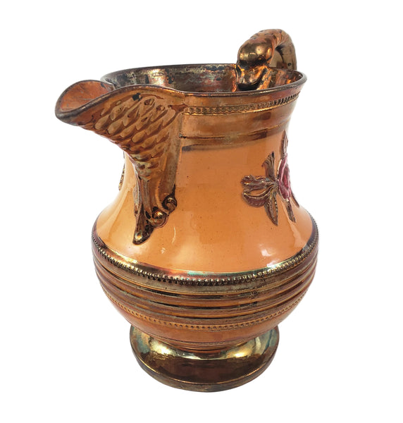 Antique Copper Luster Pitcher Jug Apricot-Orange Band Pink Raised Rose 6 1/2"
