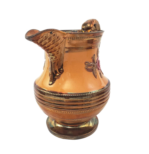Antique Copper Luster Pitcher Jug Apricot-Orange Band Pink Raised Rose 6 1/2"