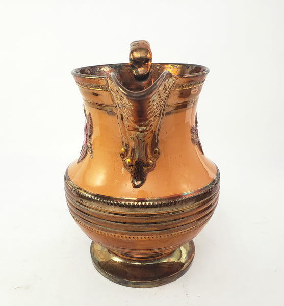 Antique Copper Luster Pitcher Jug Apricot-Orange Band Pink Raised Rose 6 1/2"