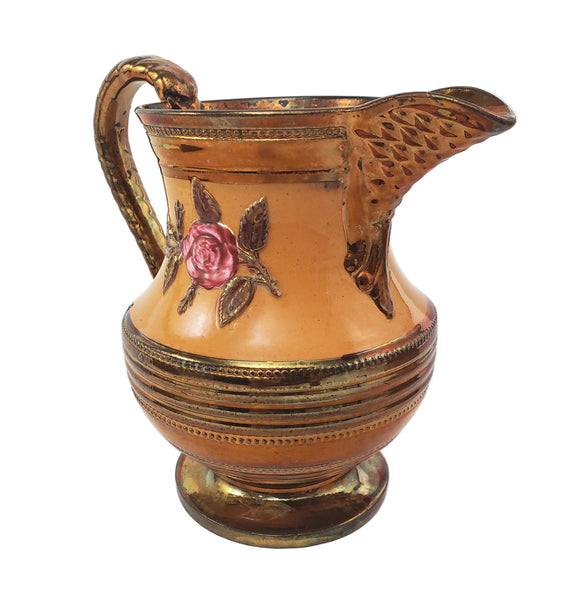 Antique Copper Luster Pitcher Jug Apricot-Orange Band Pink Raised Rose 6 1/2"