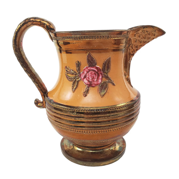 Antique Copper Luster Pitcher Jug Apricot-Orange Band Pink Raised Rose 6 1/2"