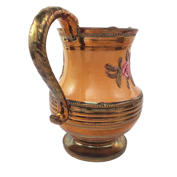 Antique Copper Luster Pitcher Jug Apricot-Orange Band Pink Raised Rose 6 1/2"