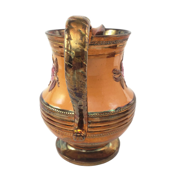 Antique Copper Luster Pitcher Jug Apricot-Orange Band Pink Raised Rose 6 1/2"